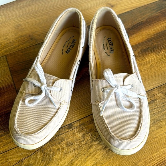 Eastland Shoes - Eastland Women's “Skip” Slip-On, Tan/White Stripe Canvas Boat Shoes, Size 8